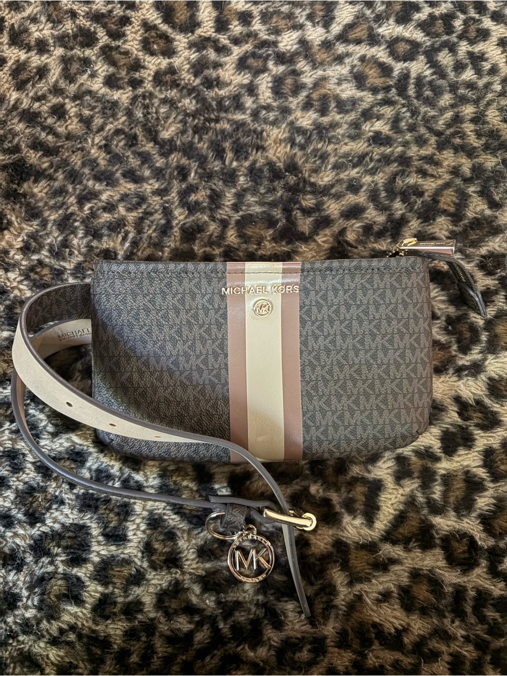Michael Kors Brown with brown and Cream Stripe Crossbody Bag